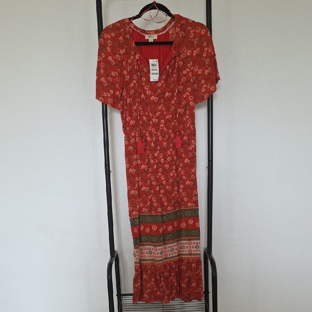 Style & Co. Rust Floral Maxi Dress with Tassel Tie